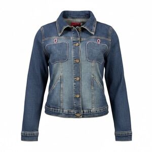 Apple Bottoms Vintage Women Denim Jacket Size L Pink Apple Pocket‎ Rhinestone